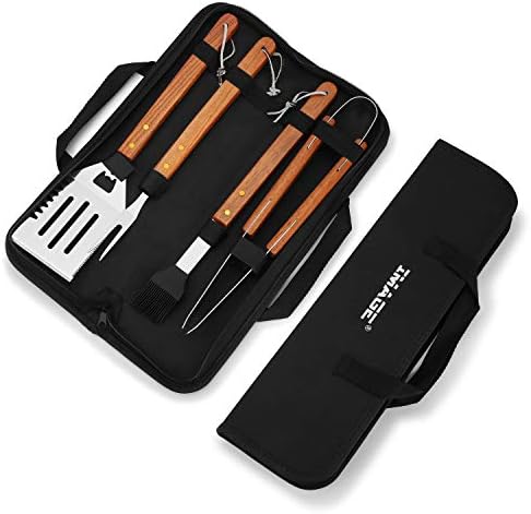 IMAGE Wooden BBQ Accessories Grill Sets,Stainless Steel BBQ Grill Tools Utensils Set for Outdoor Grilling, Cooking, Backyard Barbecue & Camping Gift for Man Dad Women Barbecue Enthusiasts Set of 4