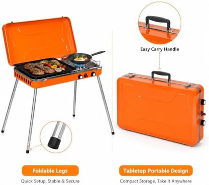 Propane Camping Grill 11,720 BTU Dual Burner, Portable 2-in-1 Tabletop BBQ Stove with Non-Stick Coating, Anti-Slip Mats, Easy Carry Handle for Camping, Picnics, Tailgating
