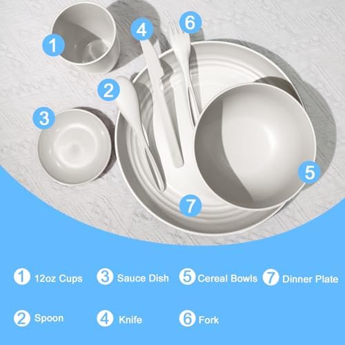 Wrova Wheat straw dinnerware sets - 28 Pieces dish sets service for 4 - Lightweight and Unbreakable Plates and Bowls Sets for Travelling and Camping.White