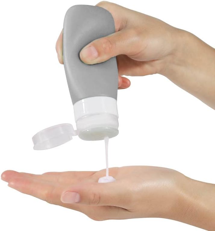 Travel Bottles for Toiletries, TSA Approved 3oz Leak Proof Silicone Refillable Squeeze Travel Size Containers BPA Free for Cleansers, Lotions, Shampoo 3-pk (Black-Gray-White)