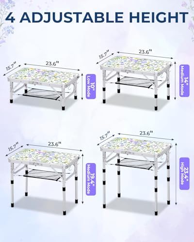 Sportneer Camping Table:Small Folding Table Portable Table 23.6" L X 15.7" W 4 Height with Mesh Layer- Adjustable Height Outdoor Table for Hiking Travel Picnic BBQ Cooking