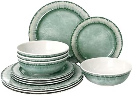 AELS Melamine Dinnerware Set of 12 Pcs Dinner Dishes Set for Indoor and Outdoor Use, Dishwasher Safe, Lightweight Unbreakable, BPA Free, Sage Green
