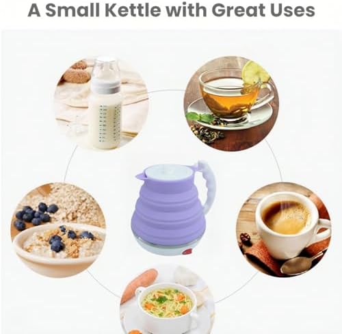 Collapsible Travel Kettle, Portable Electric Kettle, Travel Tea Kettle, Portable Water Boiler, Food Grade Silicone, Auto Shut off and Keep Warm, 110V 555ml (Purple)