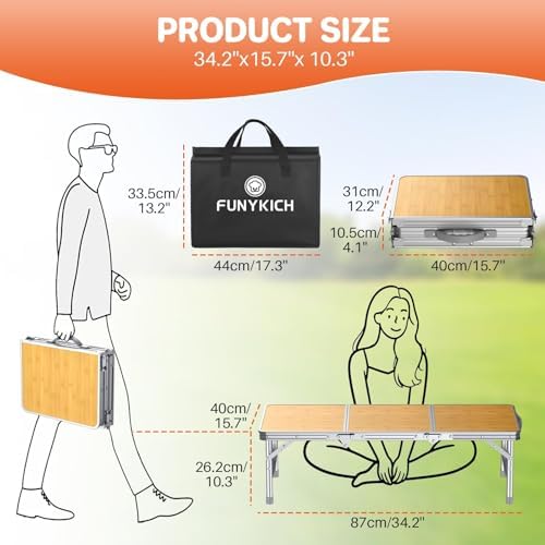 FUNYKICH 3ft Low Folding Camping Table with Carry Bag, 34.2'' Lx15.7'' W Portable Picnic Tables, Lightweight Thicker Aluminum Beach Table with Carry Handle for Beach, Camping, Picnic, Yellow