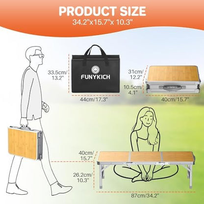 FUNYKICH 3ft Low Folding Camping Table with Carry Bag, 34.2'' Lx15.7'' W Portable Picnic Tables, Lightweight Thicker Aluminum Beach Table with Carry Handle for Beach, Camping, Picnic, Yellow