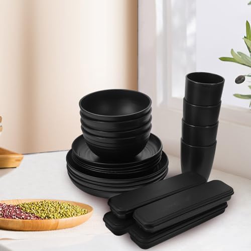 Toyvian 4 Sets Camping Tableware Set with Bowl, Plate, Cup, Spoon, Fork, and Cutter in Black, Made of Sturdy Pp Material, Easy to Clean and Burr-free Utensils for Outdoor Hiking and Picnic