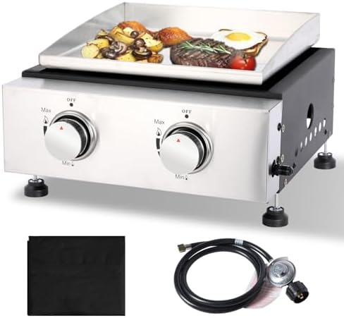Small Portable Grill, 14 Inch Tabletop Gas Grill, 2 Burner Flat Top BBQ Propane Griddle with Legs, Cover - 20,000 BTUs Output for Outdoor Patio Backyard Camping, Tailgating, and RV Trips