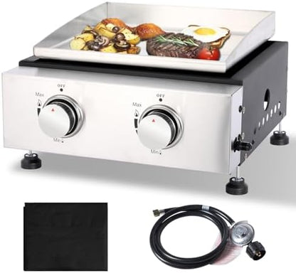 Small Portable Grill, 14 Inch Tabletop Gas Grill, 2 Burner Flat Top BBQ Propane Griddle with Legs, Cover - 20,000 BTUs Output for Outdoor Patio Backyard Camping, Tailgating, and RV Trips