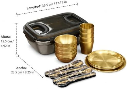 304 Stainless Steel Dinnerware Sets for 6, Portable Camp Kitchen Dinnerware, Shiny Outdoor Dish Sets, Family Camping Plates Bowls 33.5x23.5x12.5cm, 4-Person Tableware Set