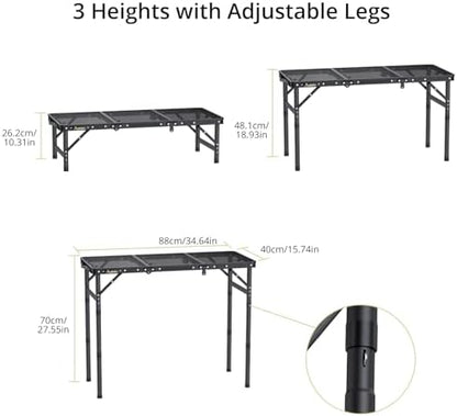 Anbte Folding Grill Table, 3ft Tri-Fold Aluminum Folding Table Adjustable Height Max 27.5" Grill Table with Mesh Desktop, Lightweight, Portable Handle for Outdoor Cooking BBQ Picnic (Black)