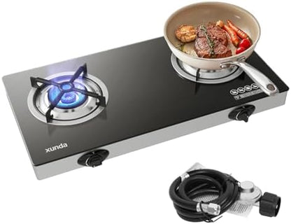 Outdoor Propane s Stove, 28000 BTU Dual Burner LPG Propane Gas Cooktop with Tempered Glass Top, Portable Gas Stove for Outdoor Cooking Camping Grilling