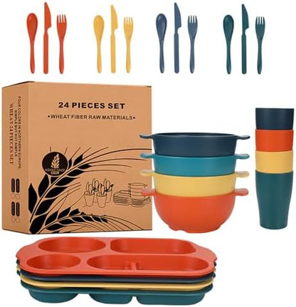 24 Pcs Wheat Straw Dinnerware Cutlery Sets,Unbreakable Divided Plates Bowls Cups Spoon Knife Fork for 4 People,Microwave Dishwasher Safe Tableware Cutlery for Party and Daily Use,Mix Color 2