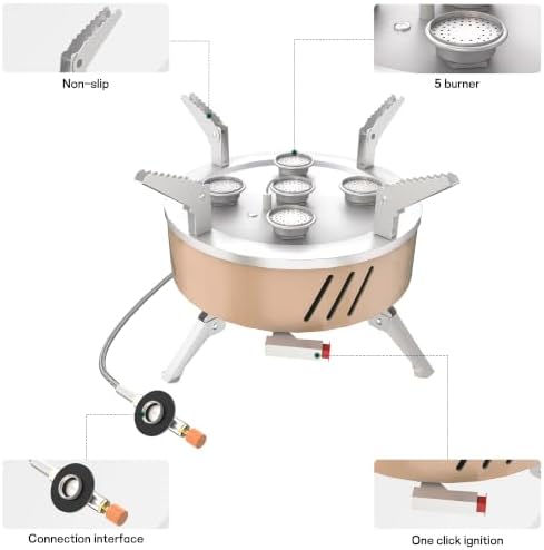 52500 BTU Portable Camping Stove 1 lb Propane Tank Adapter and Hose for Camping with 3 Fuel Connection Options, Piezo Ignition and Carry Bag for Outdoor Cooking