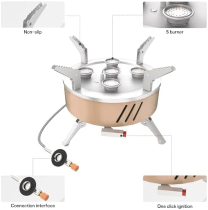 52500 BTU Portable Camping Stove 1 lb Propane Tank Adapter and Hose for Camping with 3 Fuel Connection Options, Piezo Ignition and Carry Bag for Outdoor Cooking