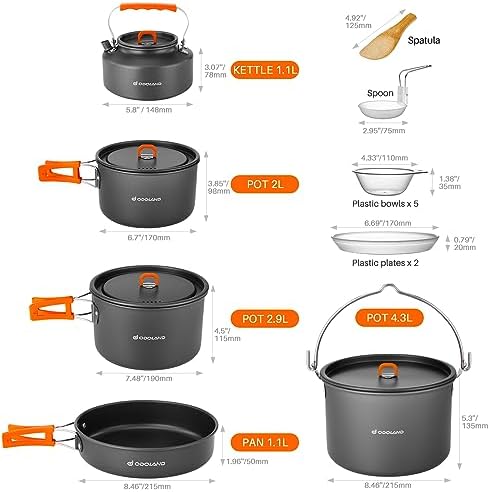 Odoland 18pcs Camping Cookware Large Size Hanging Pot Pan Kettle Set with Plastic Plates Bowls Soup Spoon for Camping, Backpacking, Outdoor Cooking and Picnic