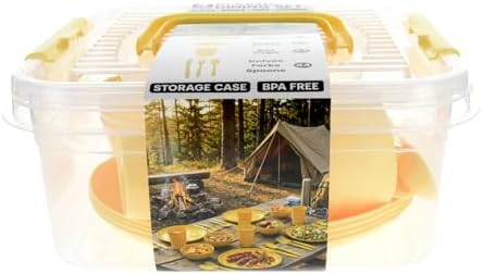 SE 25-Piece Outdoor Dining Set for 4 Persons – BPA-Free Camping Dinnerware Set with Plates, Bowls, Cups, Utensils & Storage Case, Yellow Picnic Tableware Kit - OD-U04-P