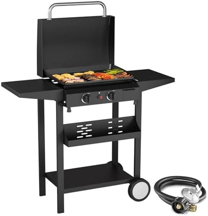 SKOK Propane Gas Griddle with Hood - Flat Top Grill with Standing Cart