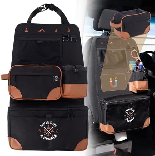 Living in a Bubble Seat back Organizer – Magnetic Toiletry and Cooler Pouch, Cordura Car Backseat Storage with Device Holder & Hooks, Multi-Compartment Utility Bag for Campervans & Family Travel