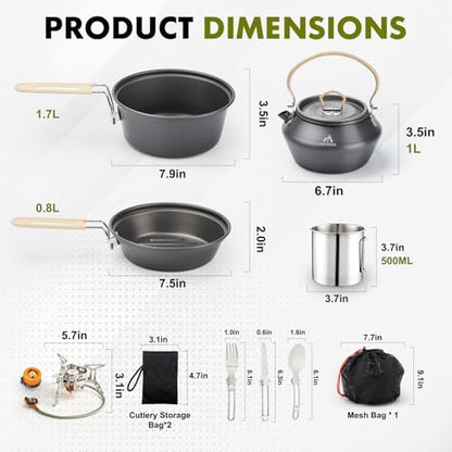 THTYBROS 27pcs Camping Cooking Set for 2-4 People, Portable Cookware Set with Kettle, Pots & Pans, Stainless Steel Utensils, Plates, Dishware for Backpacking, Picnic, Outdoor Adventures