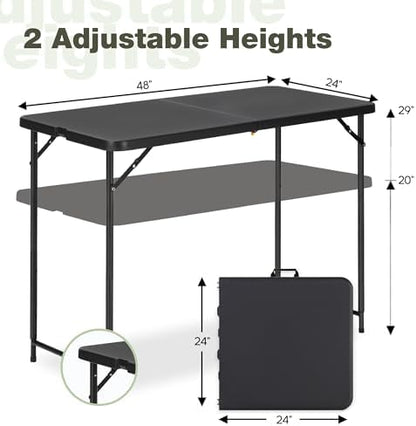 4ft Folding Table with Adjustable Height, 2-Level Foldable Table with HDPE Top & Steel Legs, Portable 4 Foot Folding Table for Picnic, Party, Craft, Indoor Outdoor Use, Black
