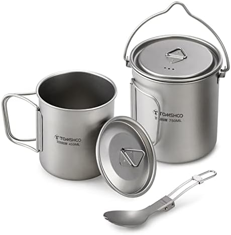 TOMSHOO 750ml Titanium Pot with Lid + 450ml Titanium Mug + Folding Spork