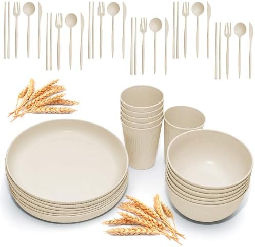 Wheat Straw Dinnerware Sets -DAPIPIK 42 Piece Unbreakable Dinnerware Sets for 6, Kitchen Plates and Bowls Set, Lightweight Camping Plates Cups and Bowls Set.Dishwasher Microwave Safe Dinnerware