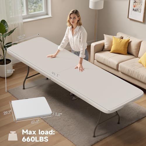 8ft Heavy Duty Folding Table - 660lb Capacity, Commercial Grade Steel Frame & Safety Lock. Portable for Indoor, Outdoor, Parties, Camping (2 Pack)