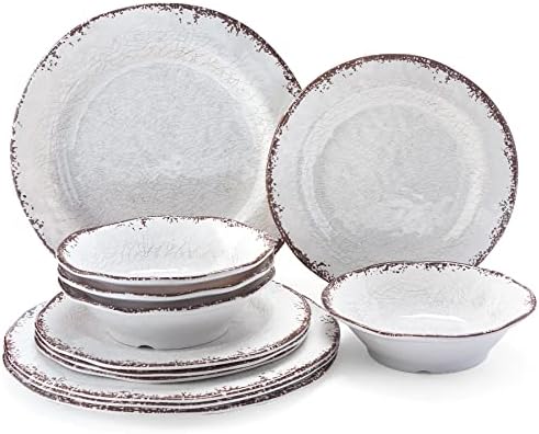 LEHAHA Vintage White Melamine Dinnerware set, 12 Piece Lightweight Dish Set