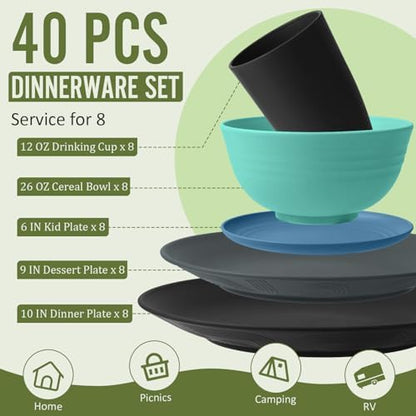 40 PCS Wheat Straw Plates and Bowls Sets,Dishware Set for 8,Unbreakable Kitchen Plates and Bowls Set for Travel Party Dishwasher & Microwave Safe Lightweight Plastic Dishes Set - Calm Tones