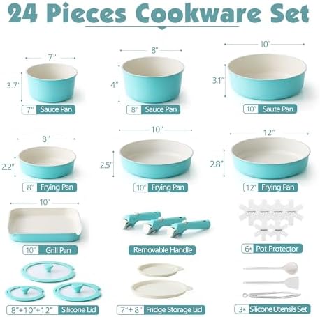 SENSARTE 24 Piece Ceramic Detachable Handle Pots and Pans Set Turquoise