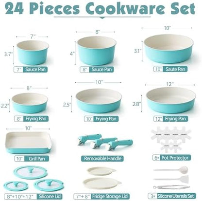 SENSARTE 24 Piece Ceramic Detachable Handle Pots and Pans Set Turquoise