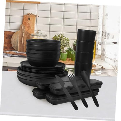 Black Bowl Plate Dinnerware Set 4 Sets Xmas Portable Reusable PP Picnic