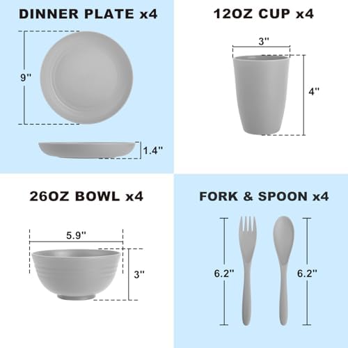 Wheat Straw Dinnerware Sets, 20 PCS Service for 4, Dishwasher & Microwave Safe Kids Plates and Bowls Sets, Unbreakable Lightweight Outdoor Camping Dishes - Gray