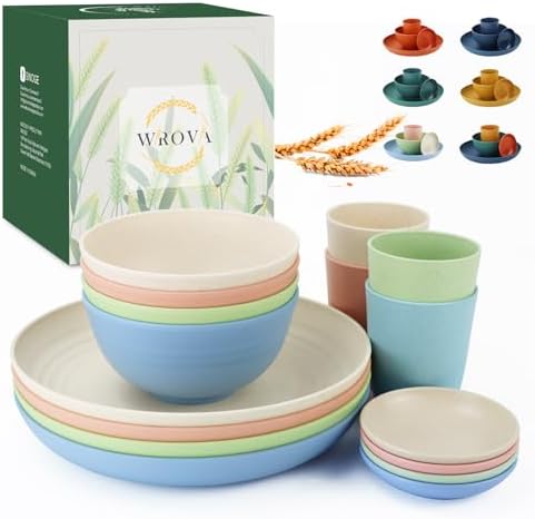 Wrova Wheat straw plates and bowls sets of 16 - Unbreakable wheat straw dinnerware sets for kids - Alternative plastic dinnerware set service for 4 - Microwave safe and Dishwasher safe bowls. Nordic