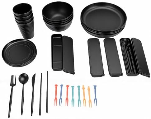 POCREATION Dinnerware Set Service for 4 Microwave Safe Dishwasher Safe Plates Bowls Set Reusable PP Cutlery for Travel Camping Picnics