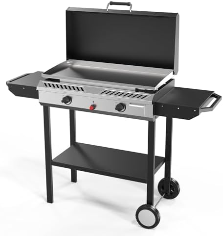 Bonnlo 2-in-1 Propane Stove and Griddle, Iginition Outdoor Gas Cooker with Storage Shelf and Portable Wheels, 2 Burner Camping Stove with 150000BTU Output for Backyard Cooking BBQ Frying and Boiling
