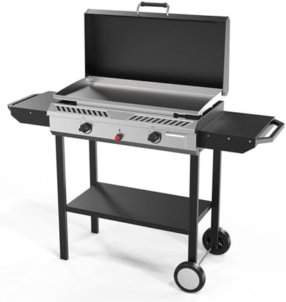 Bonnlo 2-in-1 Propane Stove and Griddle, Iginition Outdoor Gas Cooker with Storage Shelf and Portable Wheels, 2 Burner Camping Stove with 150000BTU Output for Backyard Cooking BBQ Frying and Boiling