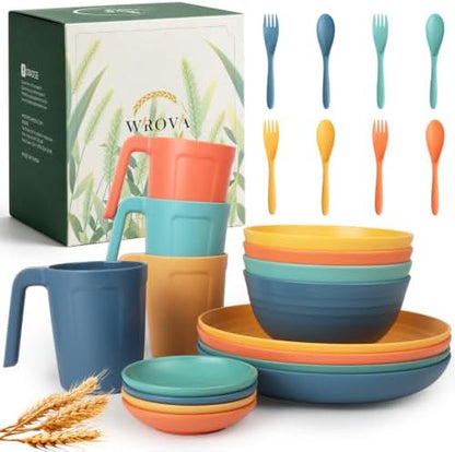 Wrova Wheat Straw Dinnerware Sets 24-Piece, Kitchen Plates and Bowls Sets
