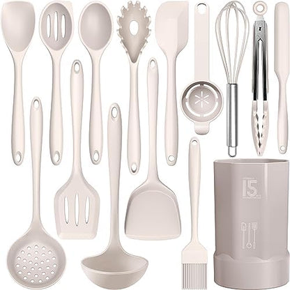 AOTHOD Silicone Cooking Utensils Set - 446°F Heat Resistant Kitchen Utensils,Turner Tongs,Spatula,Spoon,Brush,Whisk,Kitchen Utensil Gadgets Tools Set for Nonstick Cookware,Dishwasher Safe (BPA Free)
