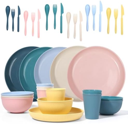 Wheat Straw Dinnerware Sets -DAPIPIK 36 Piece Unbreakable Dinnerware Sets for 6, Wheat Straw Plates and Bowls Set, Lightweight Camping Plates Cups and Bowls Set.Dishwasher Microwave Safe Dinnerware