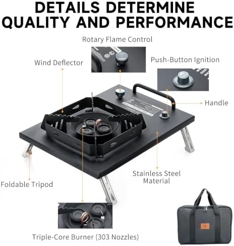 Portable Camping Stove, 25591 BTU, Folding Gas Stove, 304 Stainless Steel, Windproof, Electronic Ignition, Rotary Flame Control, Carry Bag Included, Matte Black, for IGT Table, Outdoor & RV Cooking.