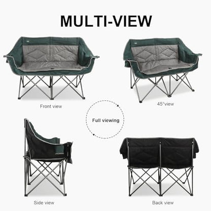Northroad Folding Loveseat Camping Chair Portable Double Duo Full Padded Garden Chair for 2 Person Sofa w/ 2 Cup Holder,Wine Glass Holder,Mesh Storage,Support 600lbs for Picnic Beach Travel