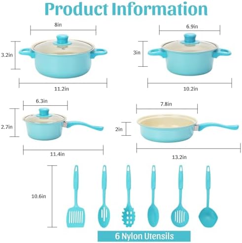 Non-Stick Cookware Set, 13 Piece Set Portable Lightweight Cast Iron Pots and Pans with Glass Lids and Nylon Utensils, Outdoor Camping Picnic Travel