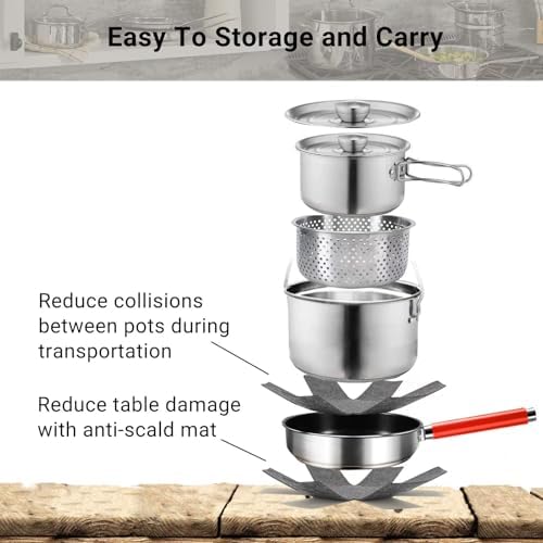 Camping Cookware Set 304 Stainless Steel Cooking Pots Pan Set with Travel Tote Bag for Camping Outdoor Kitchen Cooking Picnic for 4-6