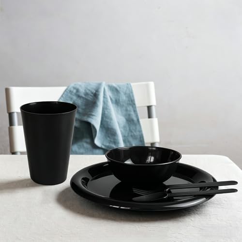 24Piece Plastic Plates and Bowls Sets Dinnerware Set Dishes Set for 4,College Dorm Room Essentials,Camping Plates and Bowls with Tumbler,Knives,Forks and Spoons,Mess Kit,Microwave Safe,BPA Free-Black