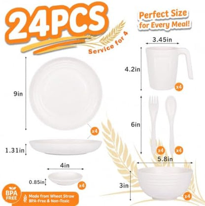 Wrova Wheat Straw Dinnerware Sets 24-Piece, White Plates and Bowls Set