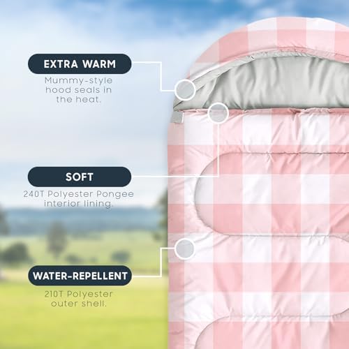 Wake In Cloud - Kids Sleeping Bag for Boys Girls Toddlers, Camping in Warm Cold Weather, Backpacking Lightweight Compact Outdoor Liner for 3 Seasons, Gingham Plaid