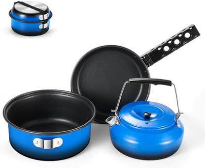 Odoland 5pcs Camping Cookware Non-Stick Camping Pot and Pan Set with Kettle and Removable Handle for Hiking Backpacking and Picnic