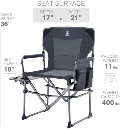 EVER ADVANCED Camping Directors' Chair with Side Table, Portable Folding Chair with Compact Size, Heavy Duty Lawn with Pocket for Camping, Lawn, Sports and Fishing, 400lbs, Grey