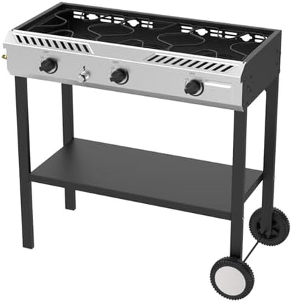 Bonnlo 3 Burner Propane Stove with Inginition, 225000BTU Gas Stove with Storage Shelf and Portable Rolling Wheels, Gas Burner for Outdoor Camping Patio Backyard Cooking Boiling Frying Stewing